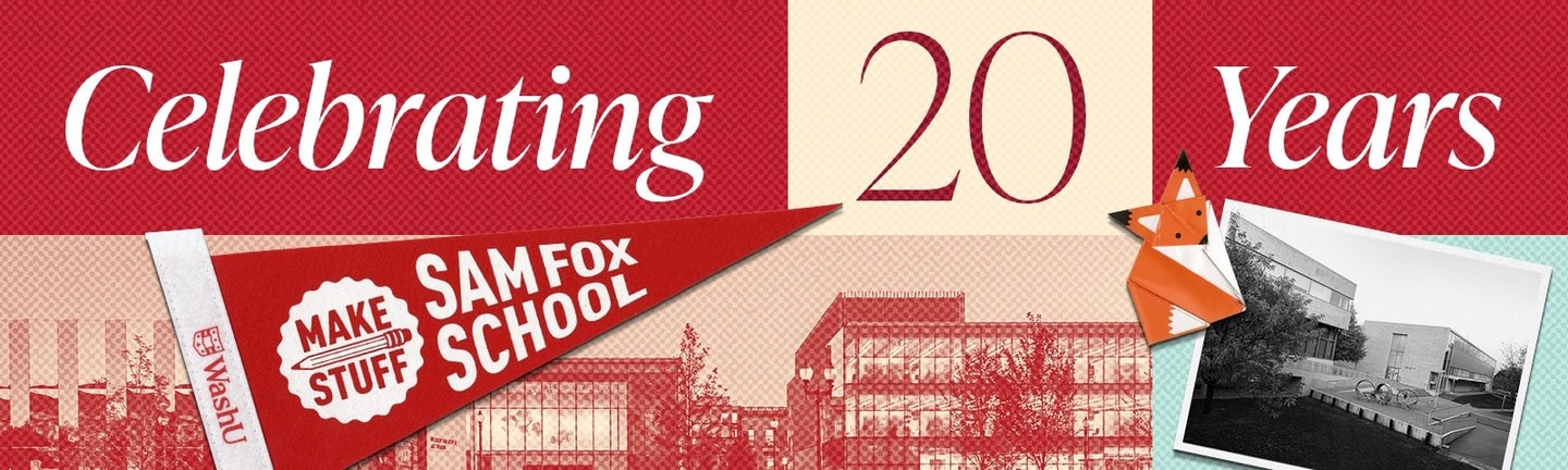 banner with text "Celebrating 20 years" with collage of pennant and fox and images of campus
