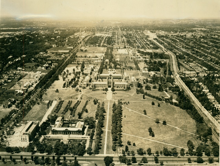 Black and white aerial photograph of the Washington University campus.