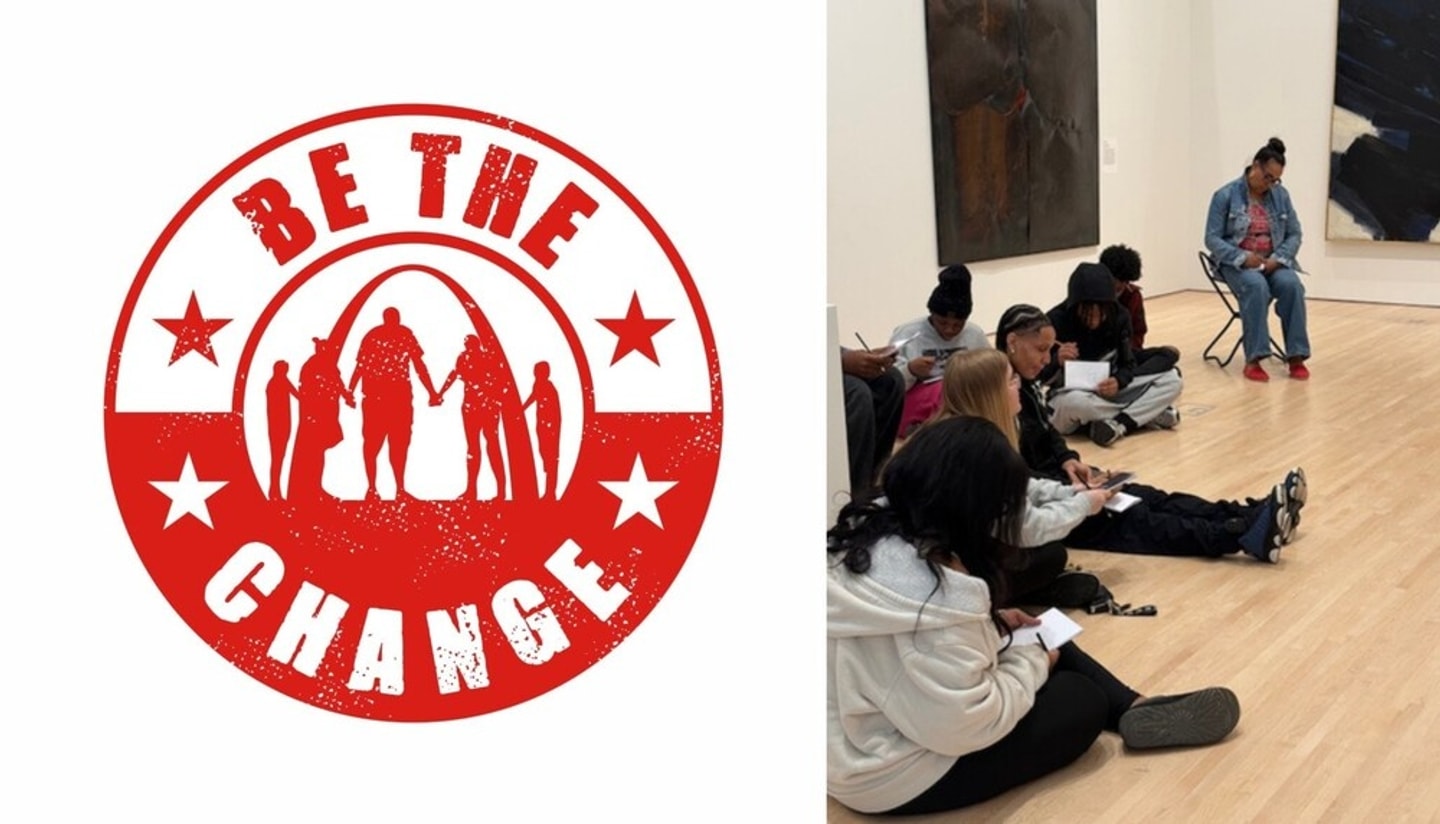 Split image featuring the Be the Change Foundation logo at left and a group of people seated on the floor in an art museum gallery at right, writing and drawing while looking at artworks.