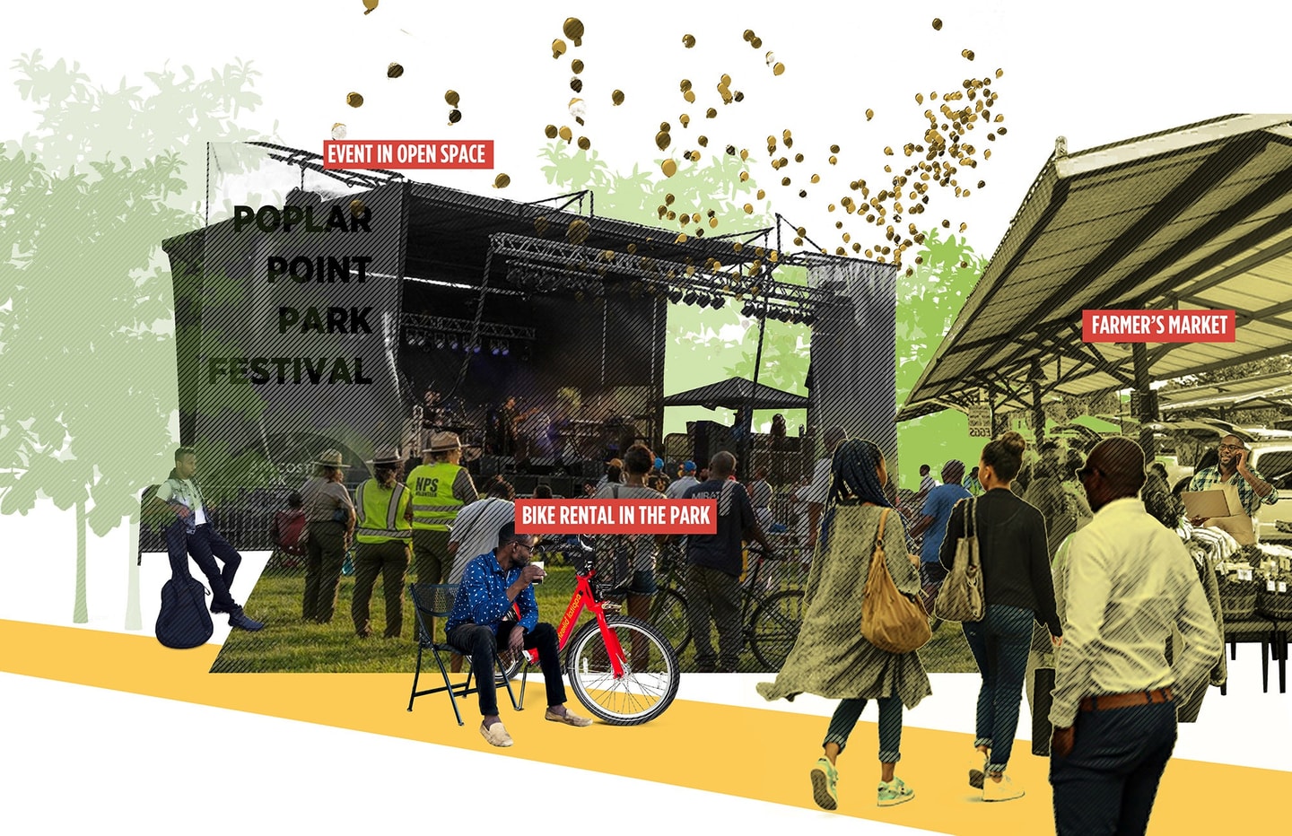Rendered collage of a music festival scene with a stage, bike rental area and a farmer's market