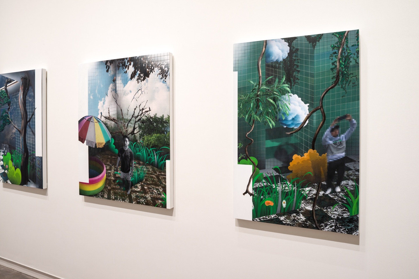 Three panels of surreal nature and architecture inkjet print oil paintings with some elements pixelated 