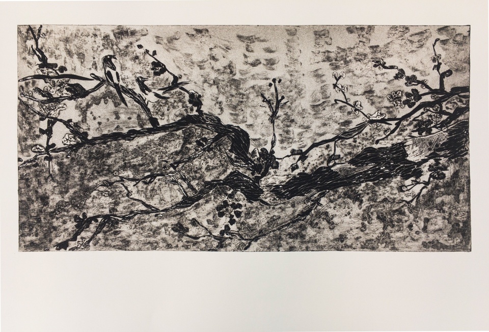An abstract monochromatic black on newsprint painting of a bird on a treebranch with flowers