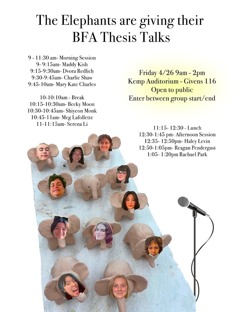 flyer with text: The Elephants are giving their BFA Thesis Talks