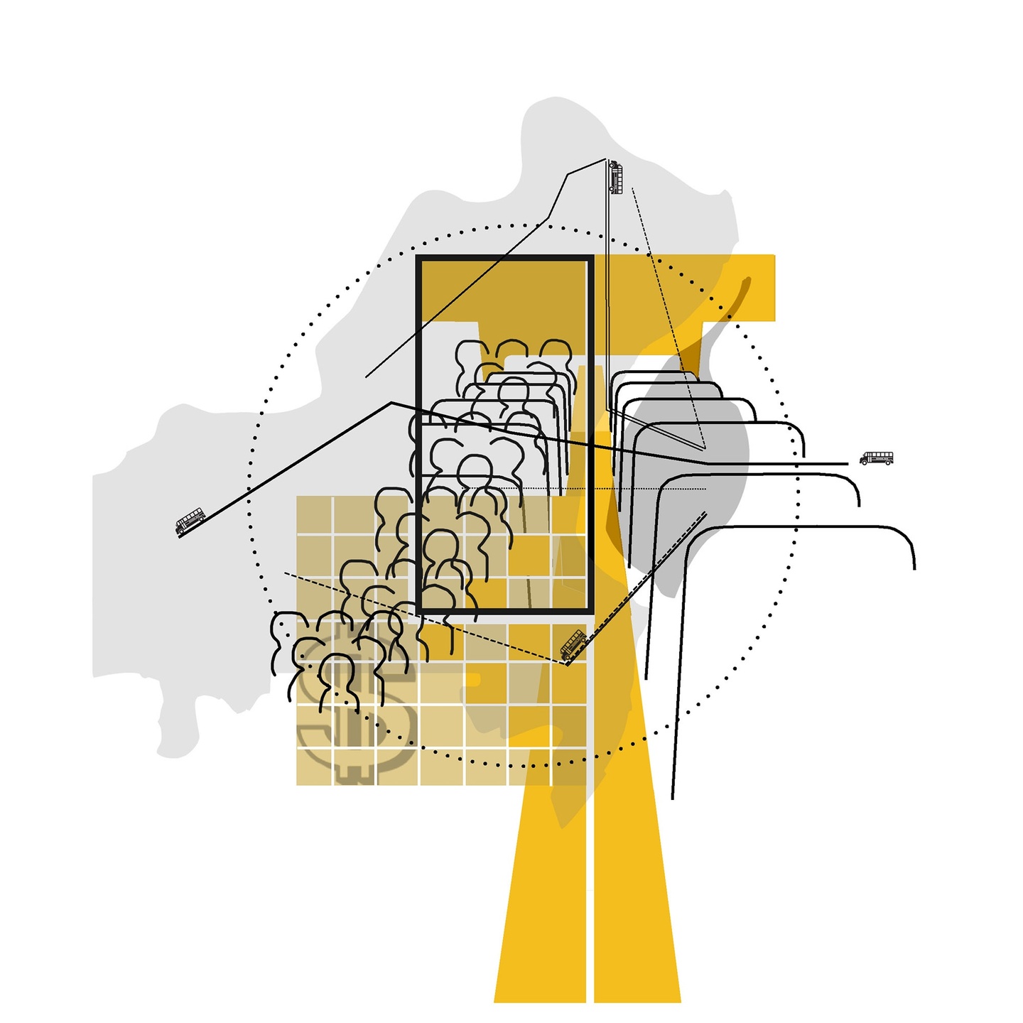 Abstract yellow and black digital illustration of a view inside a bus with crowds of people getting on. Image is overlaid with transportation lines