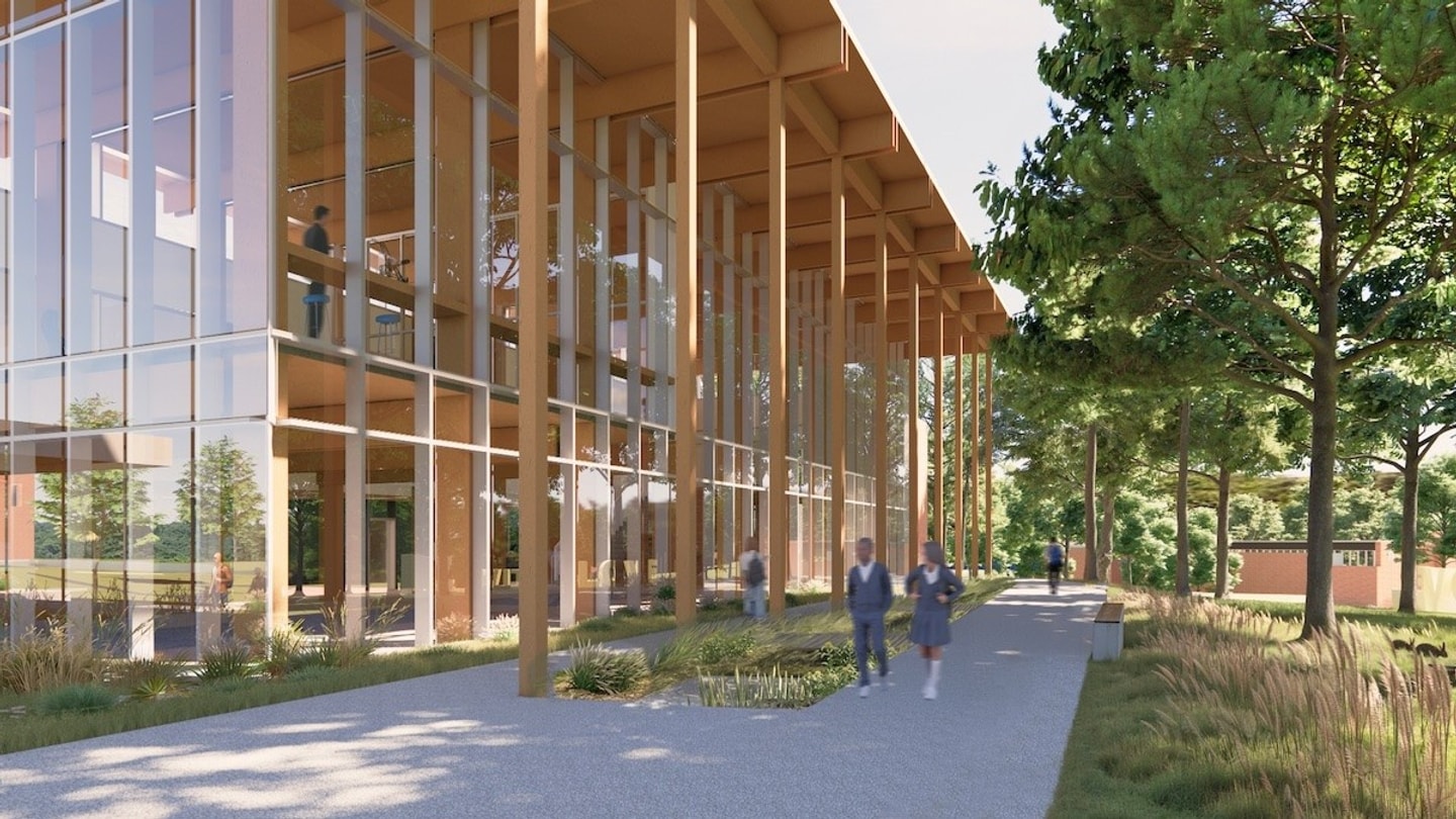 rendering of two story building with lots of windows and trees and people walking