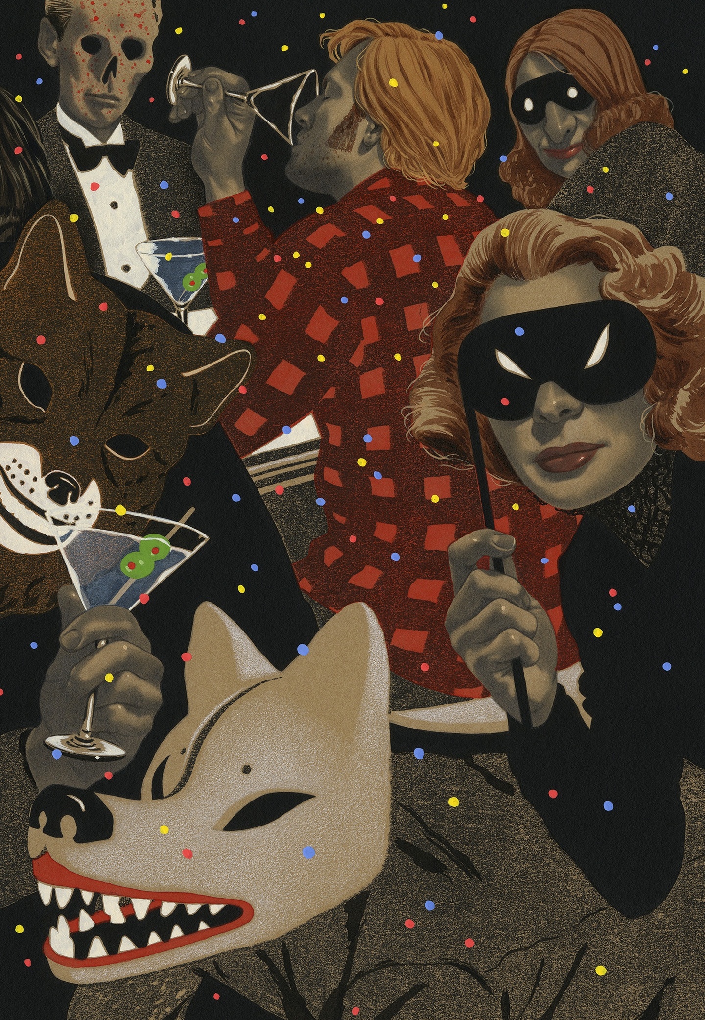 Six people at a party: some wear masquerade masks, others wolf masks; the face of another in the background half skull. The scene is resplendent with glitter and cocktails.