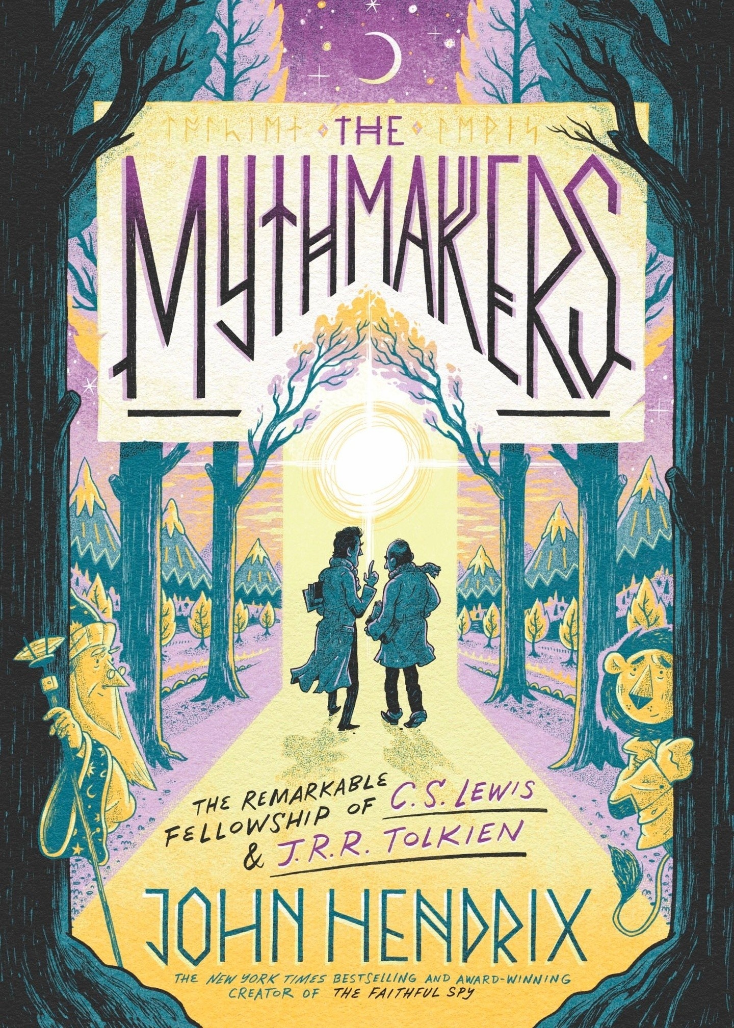 book cover for "The Mythmakers" with an illustration of C.S. Lewis and J.R.R. Tolkien walking down a yellow path surrounded by trees