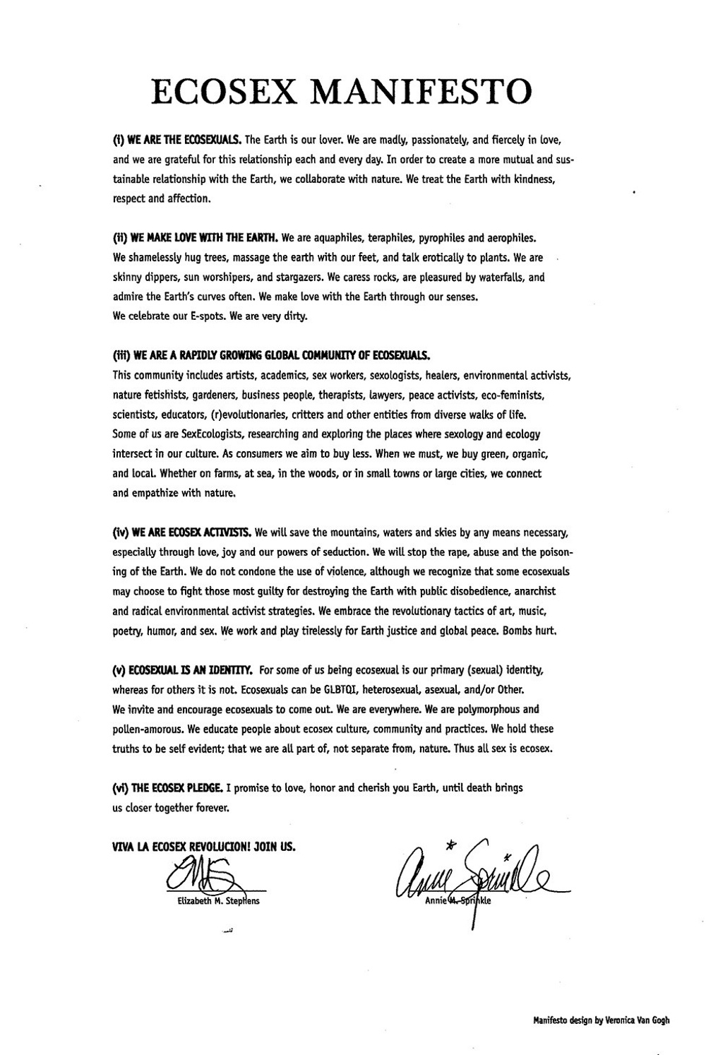 An image of a signed document called "Ecosex Manifesto"
