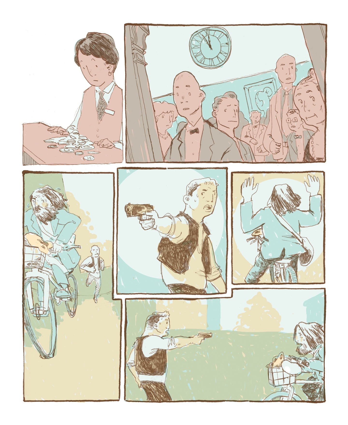 Comic page - two panels of people in a bank, four panels of a person in a vest holding up a bicyclist with a gun.