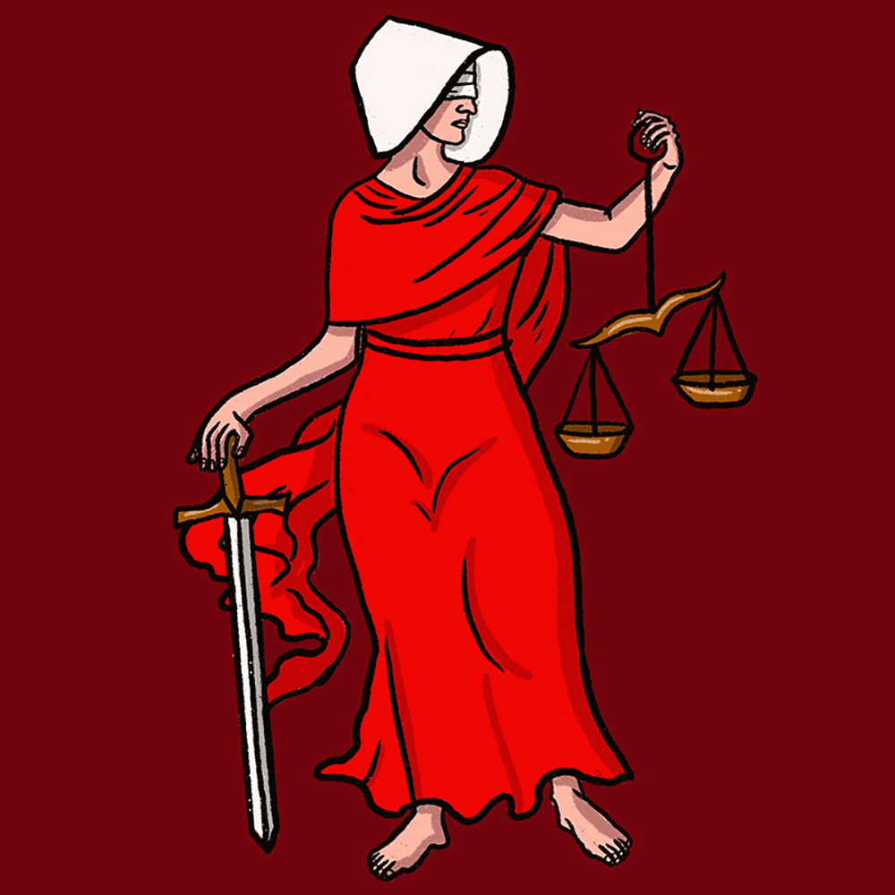 Lady Justice stands barefoot in front of a muted red background, balancing the scales in her left hand, a sword in her right. She's dressed in (what appears to be) Handmaid's Tale garb — a red dress and white headdress — and the scales tip about, catching fire.