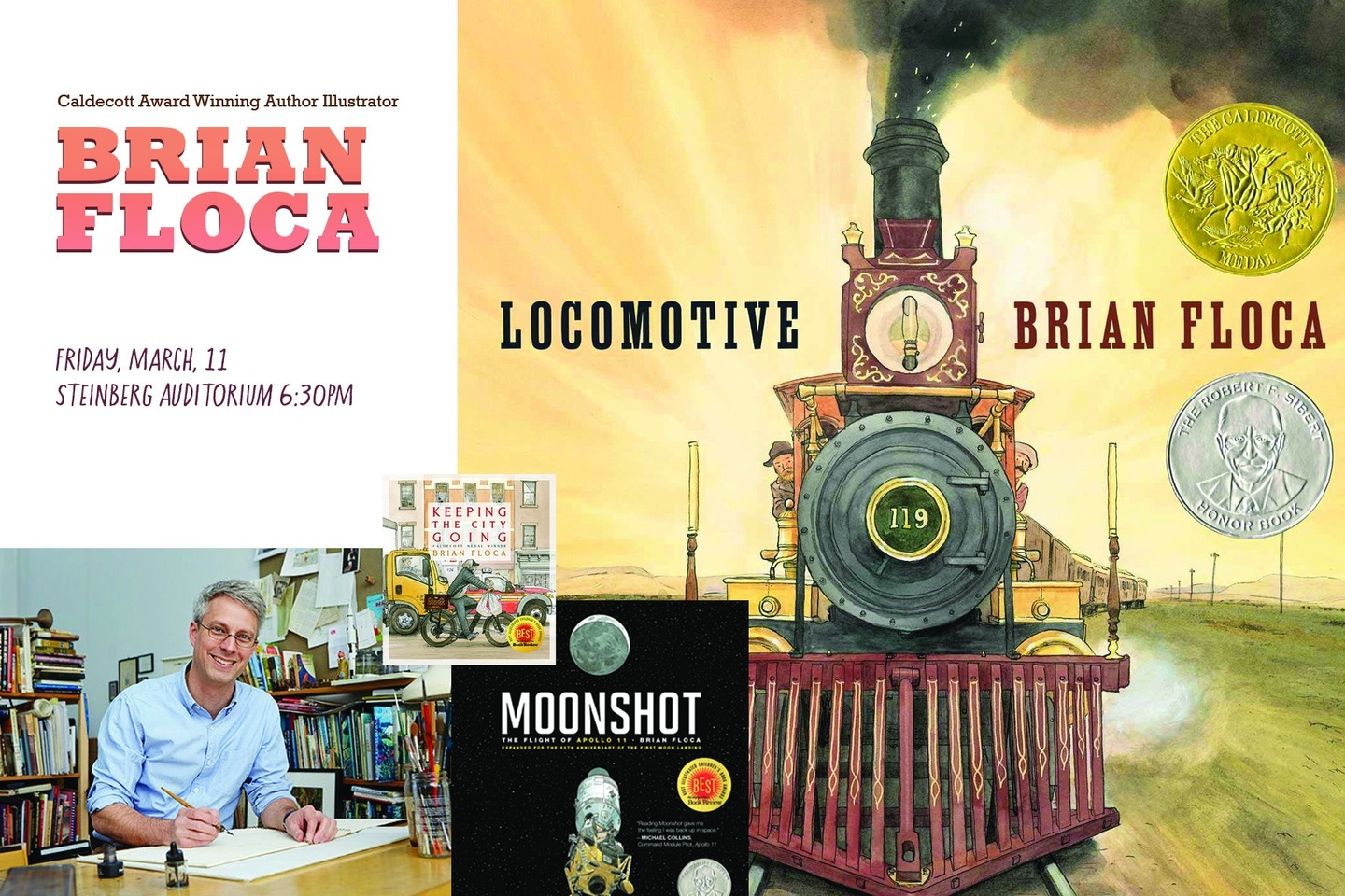 Lead graphic featuring a photo of Brian Floca, a few of his illustrated book covers, and his name and lecture details.