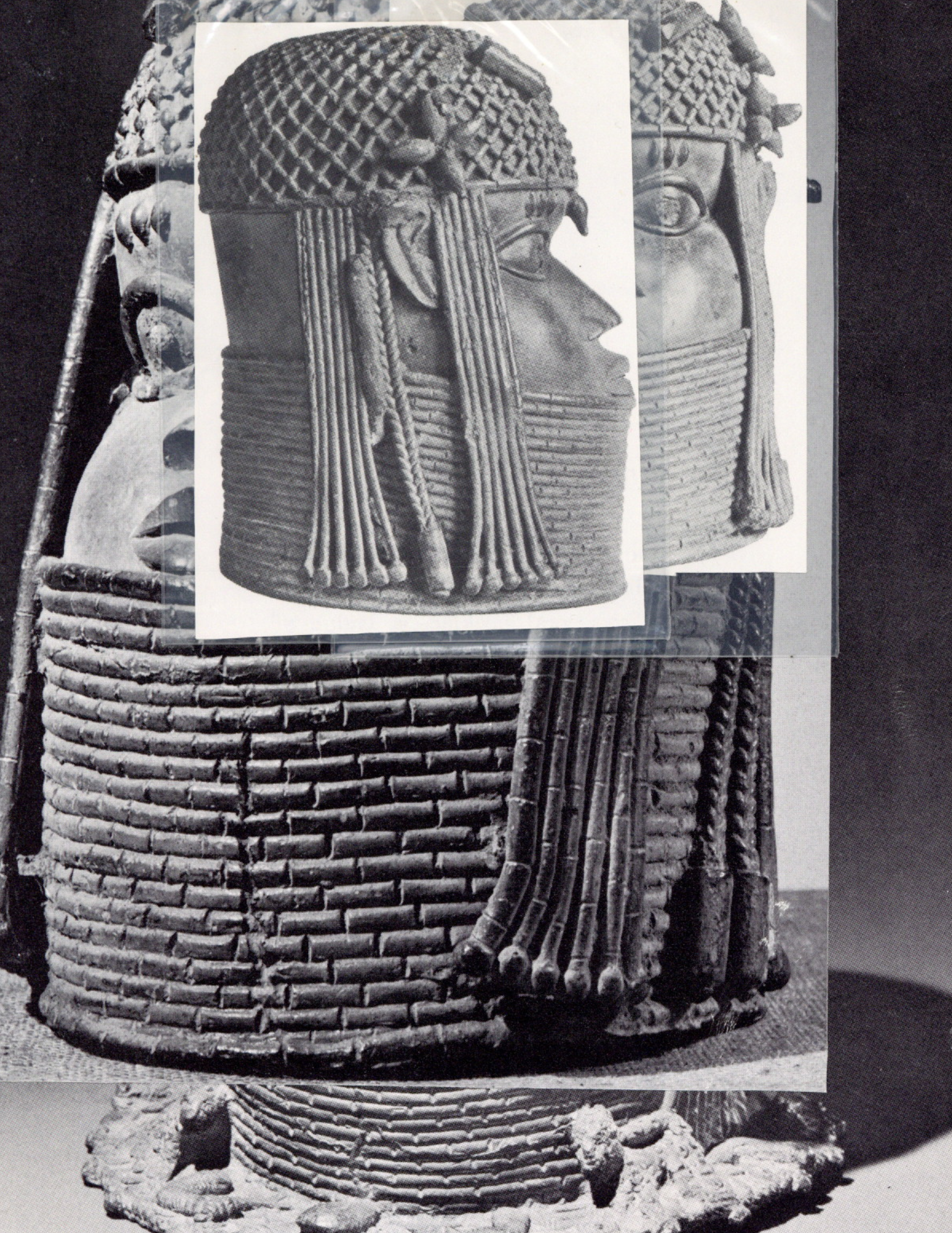 A digital collage of three black-and-white images of Benin Bronzes superimposed over each other. The sculpture depicts a human head and face ornamented by a high neck collar and a hat similar in style and shape to a helmet.
