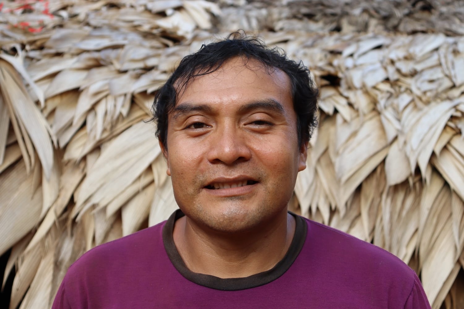 A portrait of artist Edmar Tokorino. An Indigenous Yanomami man, Edmar wears a wine-colored shirt and smiles with his mouth slightly cracked open. He stands against a background of overlapping, dried leaves that recalls a thatched roof or wall. 