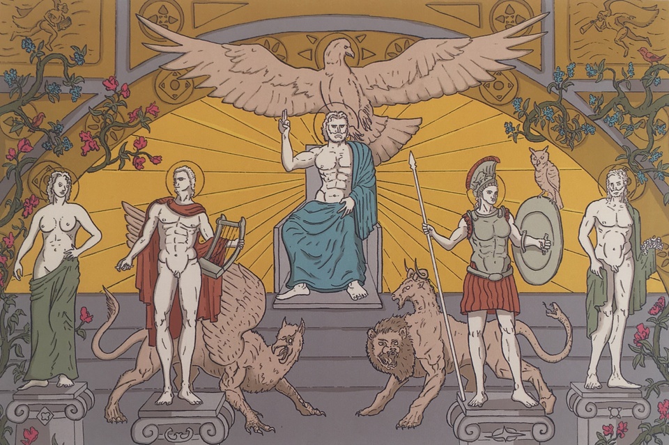 Illustration in the style of a classical Roman mural depicting marble statues on pedestals, griffins, and eagles.