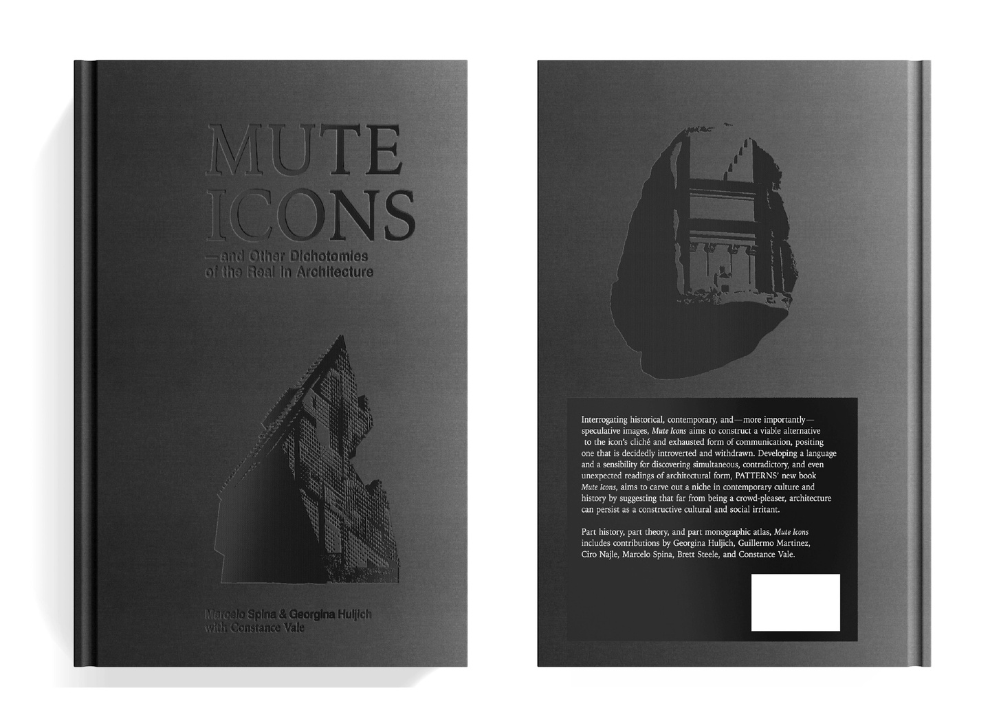 Two-panel image showing the front and back cover of Mute Icons, with a black embossed front cover.