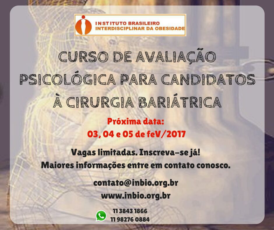 Curso:AVALIAÇÃO PSICOLÓGICA PACIENTE CANDIDATO À  CIRURGIA BARIÁTRICA