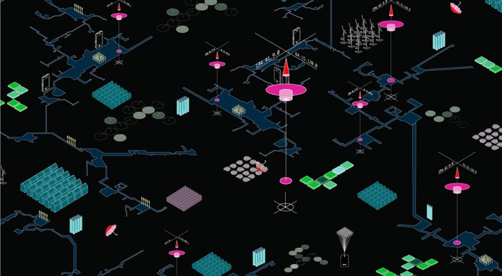 Large-scale diagram of bright teal, green, pink, and mauve icons of various architectural structures arranged in a pattern on a dark background.