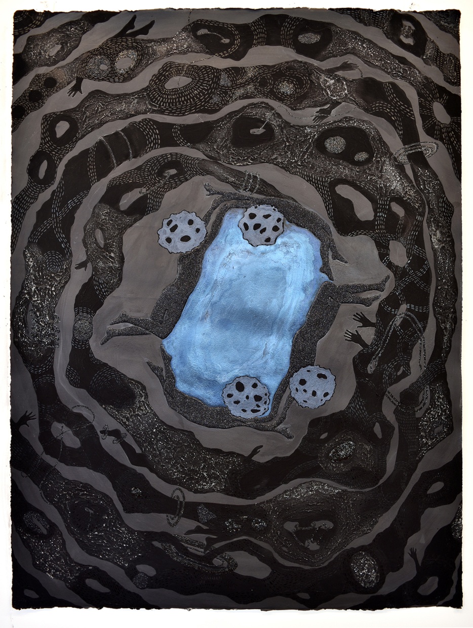 A black abstract painting made of overlapping, dark, feminine shapes circled around a shimmering light blue center.