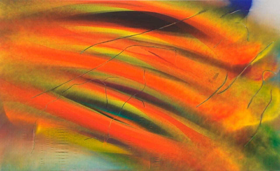 Abstract acrylic painting with swaths of orange and yellows in a zig zag pattern