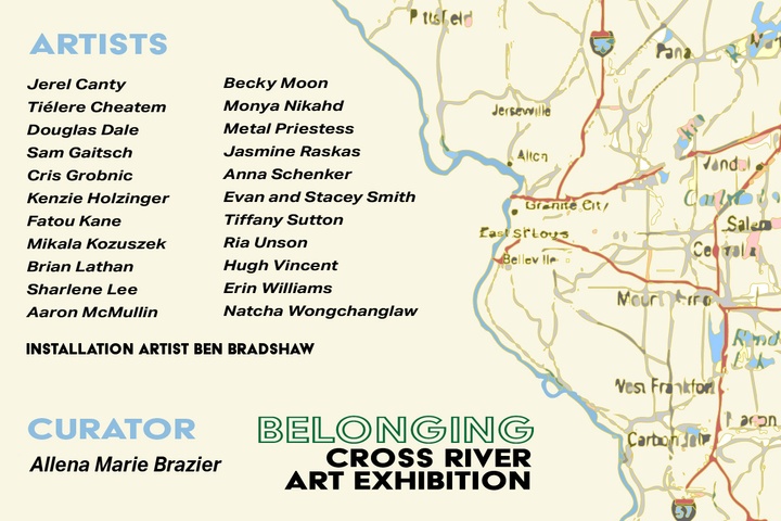 Cream-colored show poster for "Belonging: Cross River Art Exhibition," showing a road map of Illinois just east of the Mississippi river at St. Louis.
