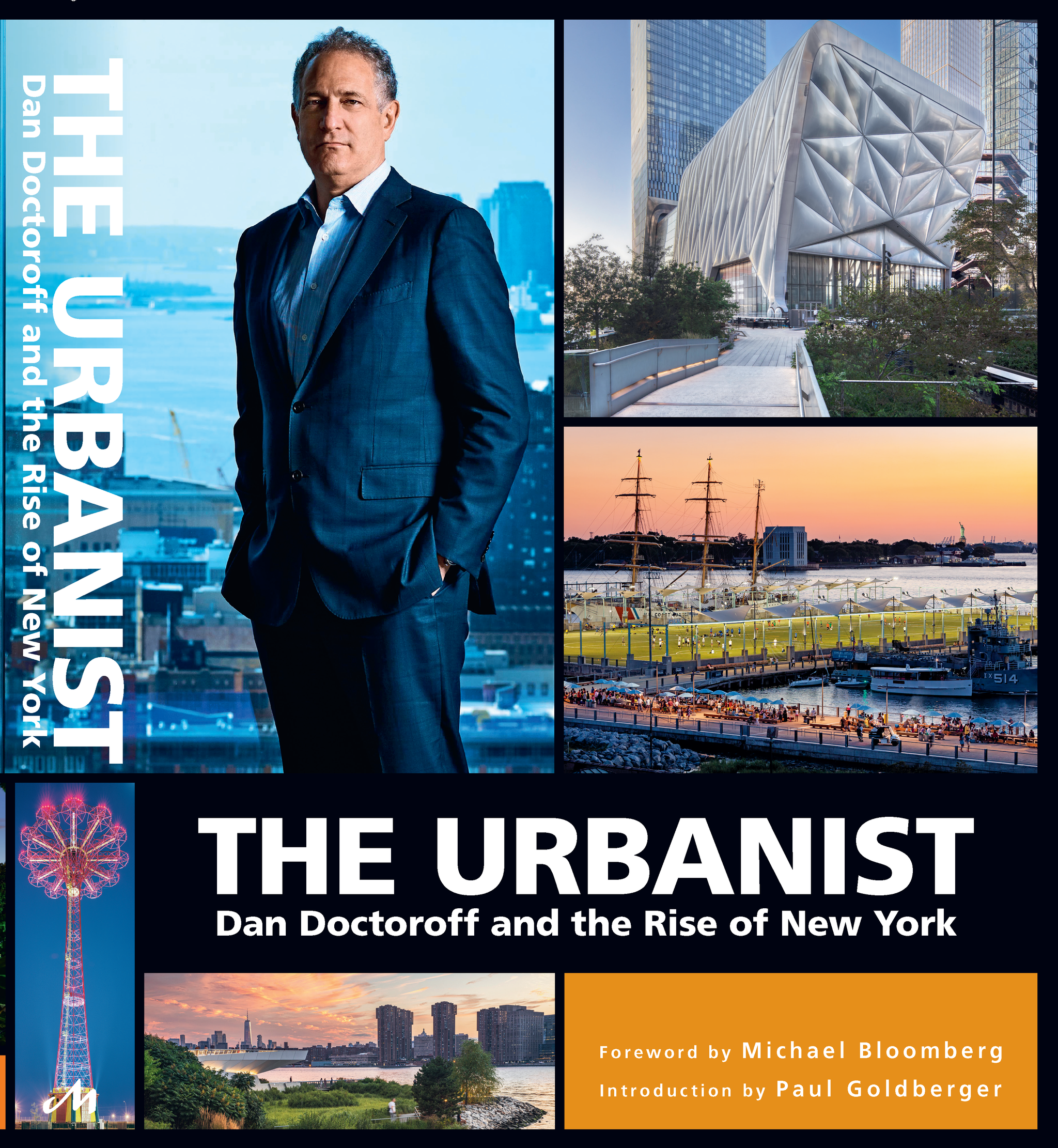 The book cover of The Urbanist with images of different urban development projects in New York City, including The Shed. In one image, Dan Doctoroff stands proudly in front of a panoramic view of the city seen from the windows of a skyscraper.