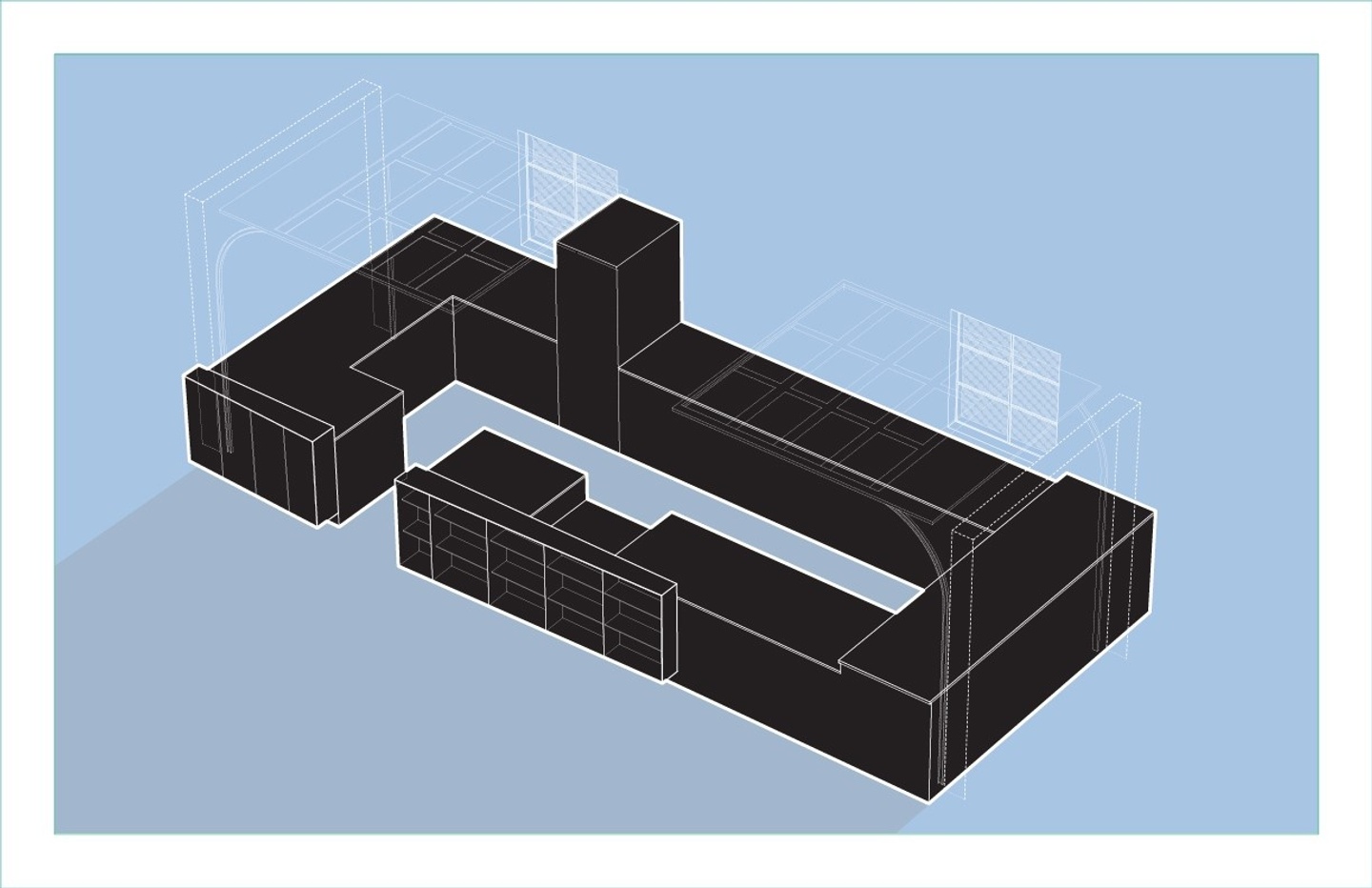 Axon drawing of a coffee bar and display cases on a pale blue background.