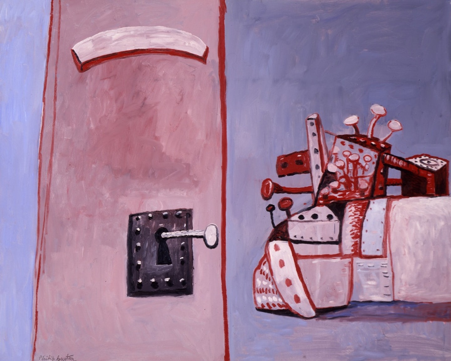 “Philip Guston’s The Patient, a figurative painting in pink, lavender, and red. A large wall-mounted switch appears at left, while a reclining, finger-like figure composed of mechanical and geometric forms occupies the right side of the painting.”