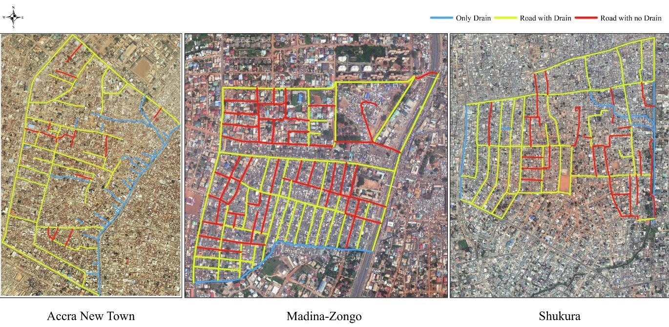 Three images showing drainage mapping in Accra New Town, Madina-Zongo, and Shukura.