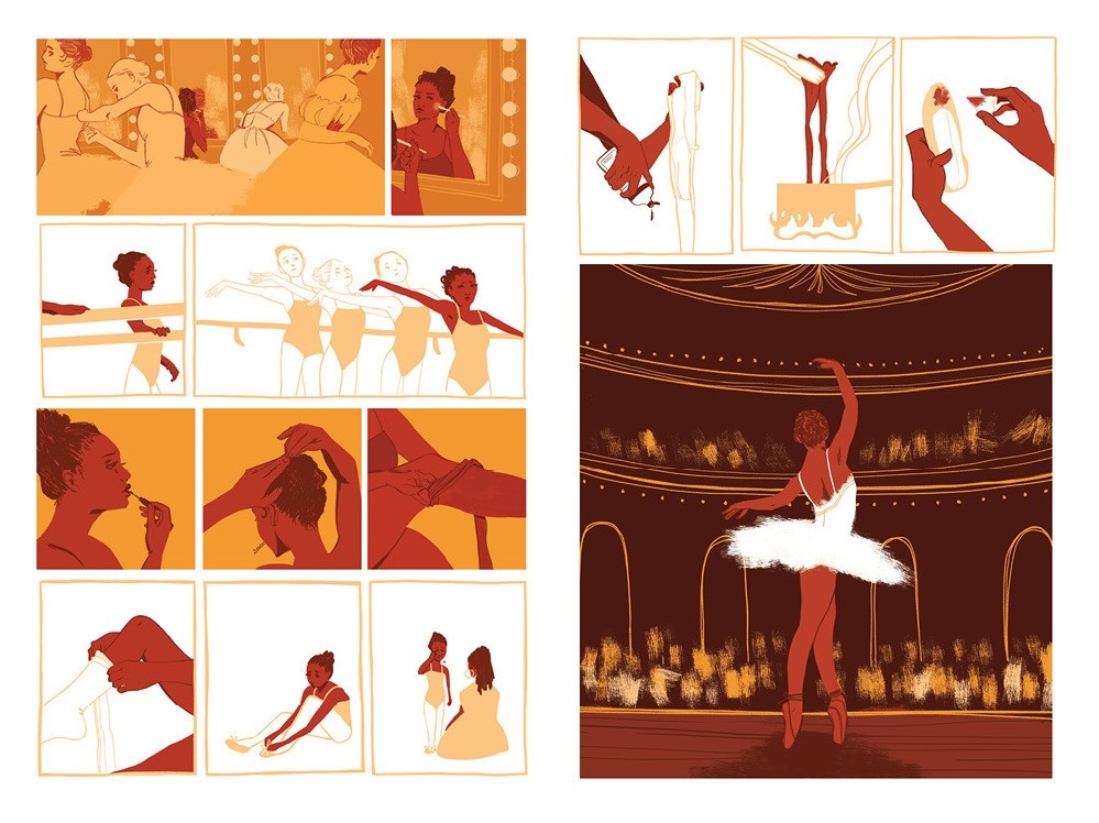 Illustrated comic panels in sepia colors show a ballerina dancer getting ready to perform alone with dancers together in the background. The last image shows the ballerina dancing in a tutu on stage alone in front of a full auditorium.