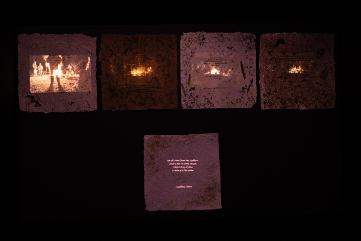 Five sheets of handmade paper inlaid with leaves and wildflowers with verses printed on them. Projected on these sheets are four scenes of fires and one other verse of poetry (illegible).