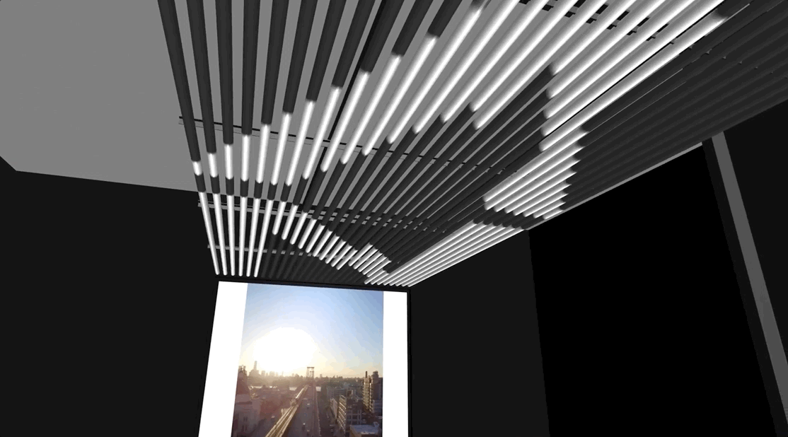 Flythrough render showing content moving through light tubes behind front desk and overhead