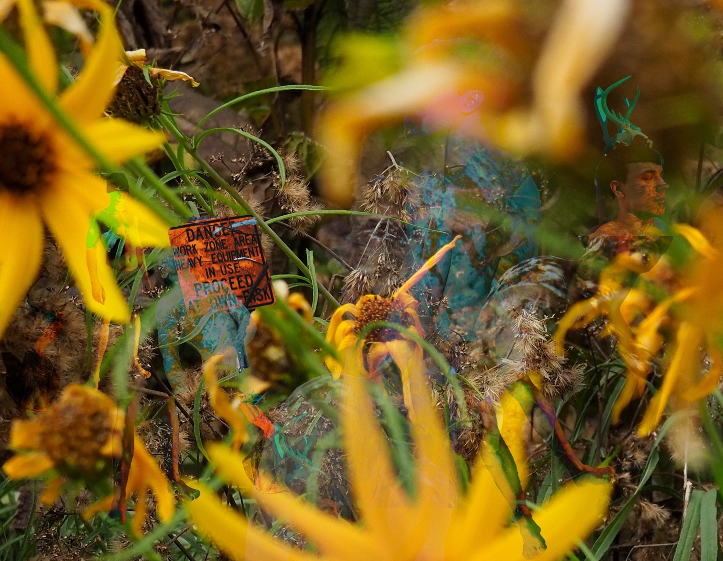 An abstracted view of yellow wildflowers near a river.