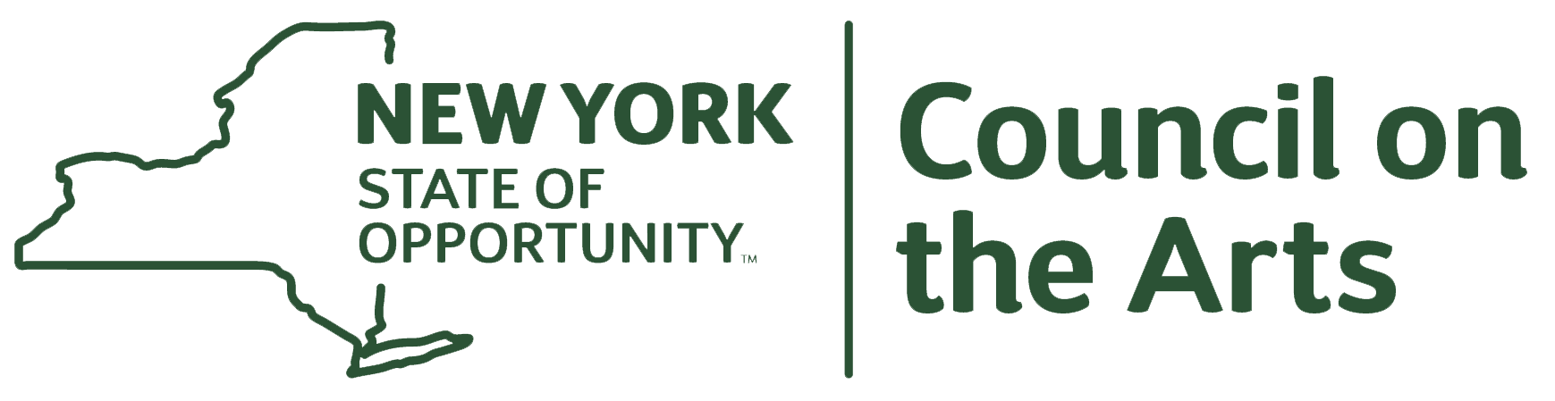 The New York State Council on the Arts logo including the outline of the state and the name of the organization in green