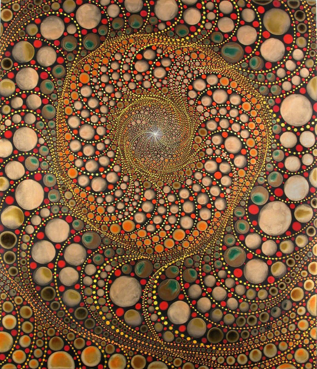 Gold, dotted, s-shaped lines swirl outward from a central point creating sections of various sized circles that are white, orange, red, green, and gray on a black background.