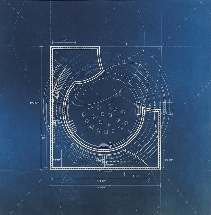 architectural floor plan, white lines on blue background