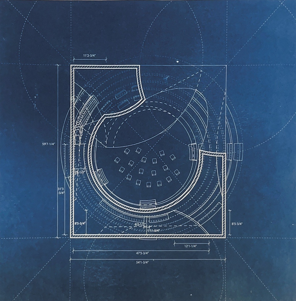 architectural floor plan, white lines on blue background