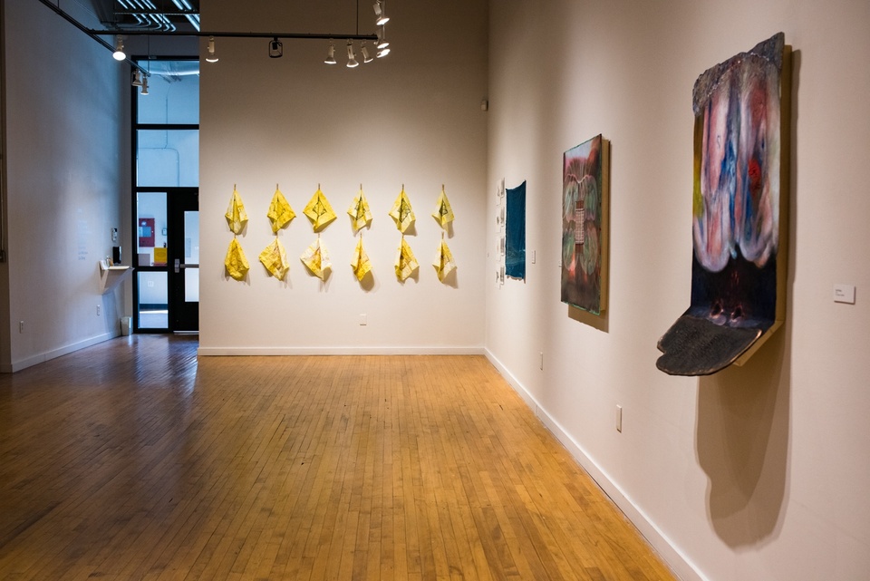 Gallery space with some fabric and painted works on display.