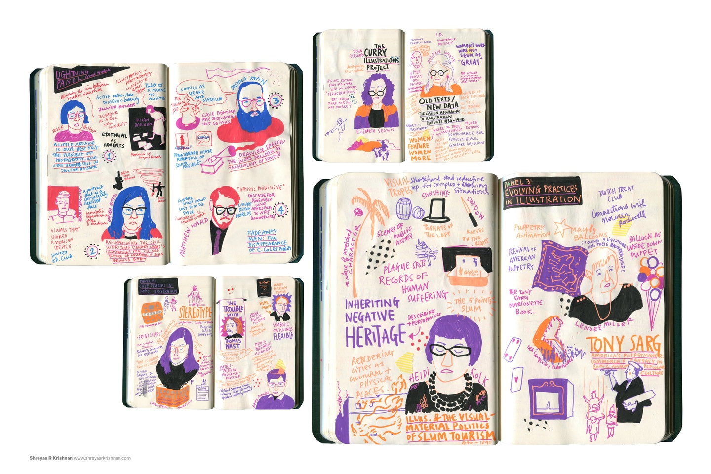 Spreads from a sketchbook: clippings from talks frame portraits of speakers. The drawings and notes are in various vibrant colors.