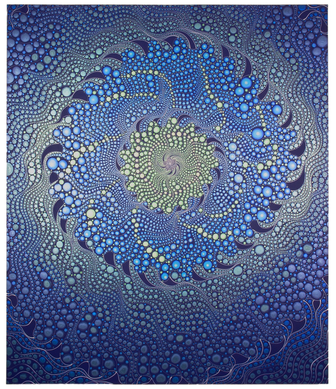 A mandala painted with blues, whites, and yellows, composed of three circular layers of dots and ripples. The outer layer begins a gradient from dark to light, with yellow and blue dots woven into the center.