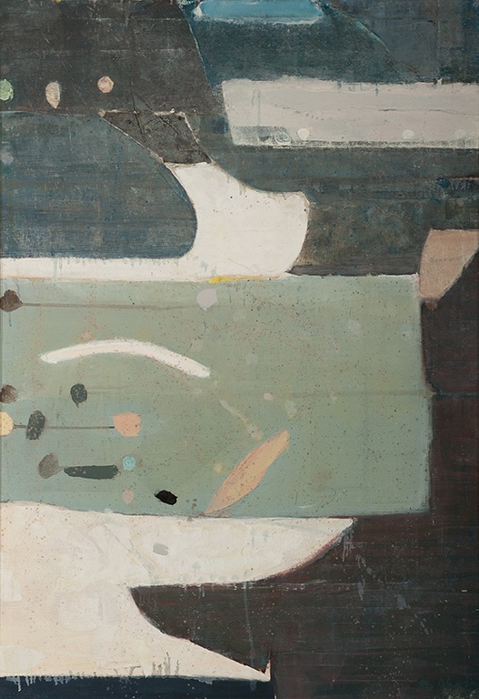 An abstract painting with larger semigeometric shapes in pale green, grays, and blues, with smaller circles and arcs in similar tones