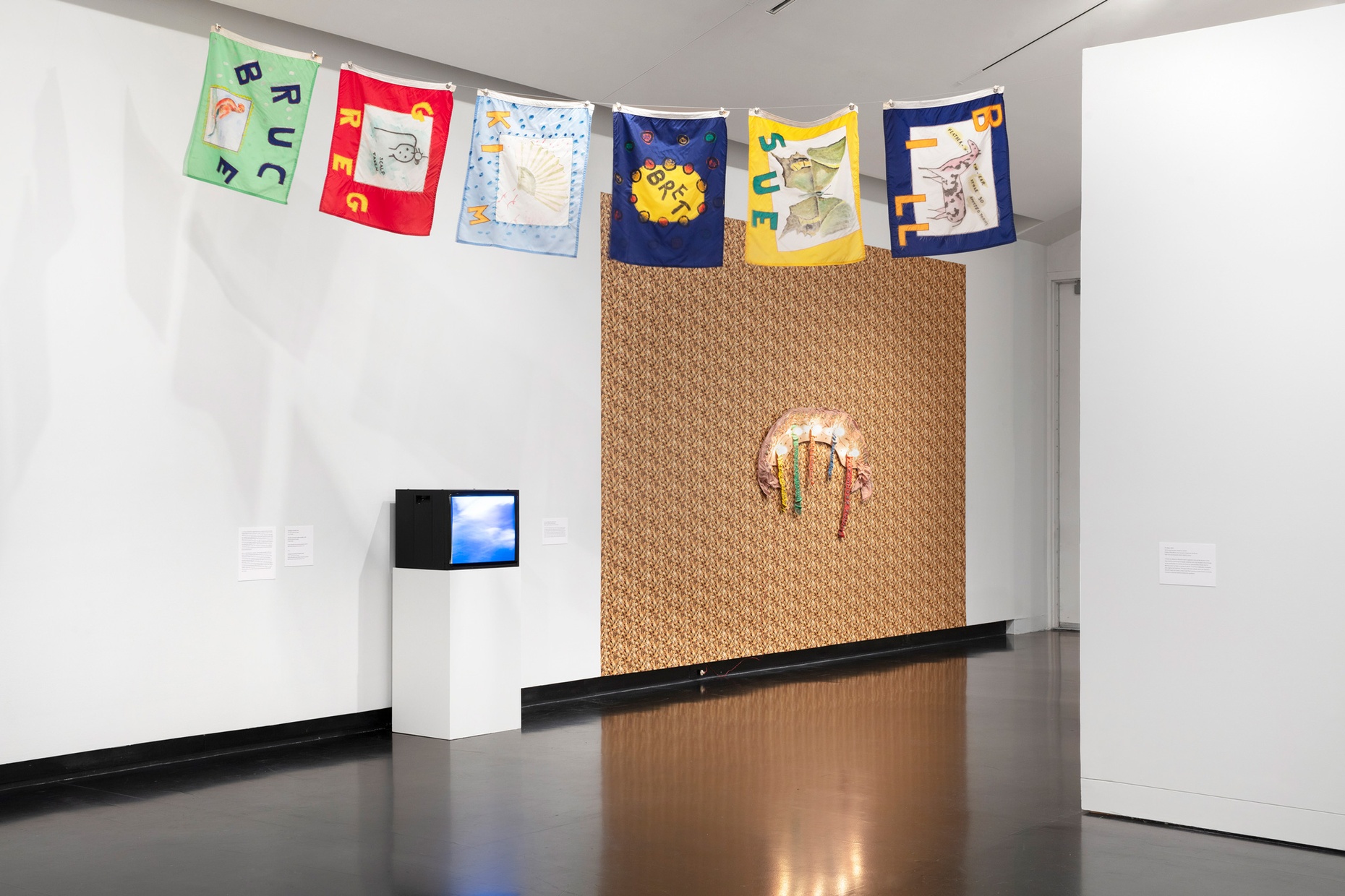 Artwork by Ree Morton including a TV on a pedestal, a lit sculpture with almost wall-t0-ceiling wallpaper, and brightly colored flags