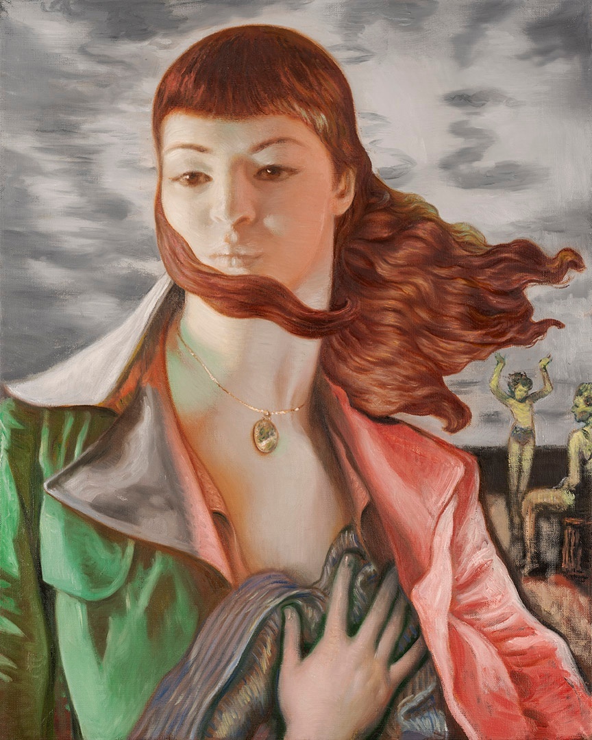 A figure with long hair blowing in the wind holding a piece of fabric to their chest