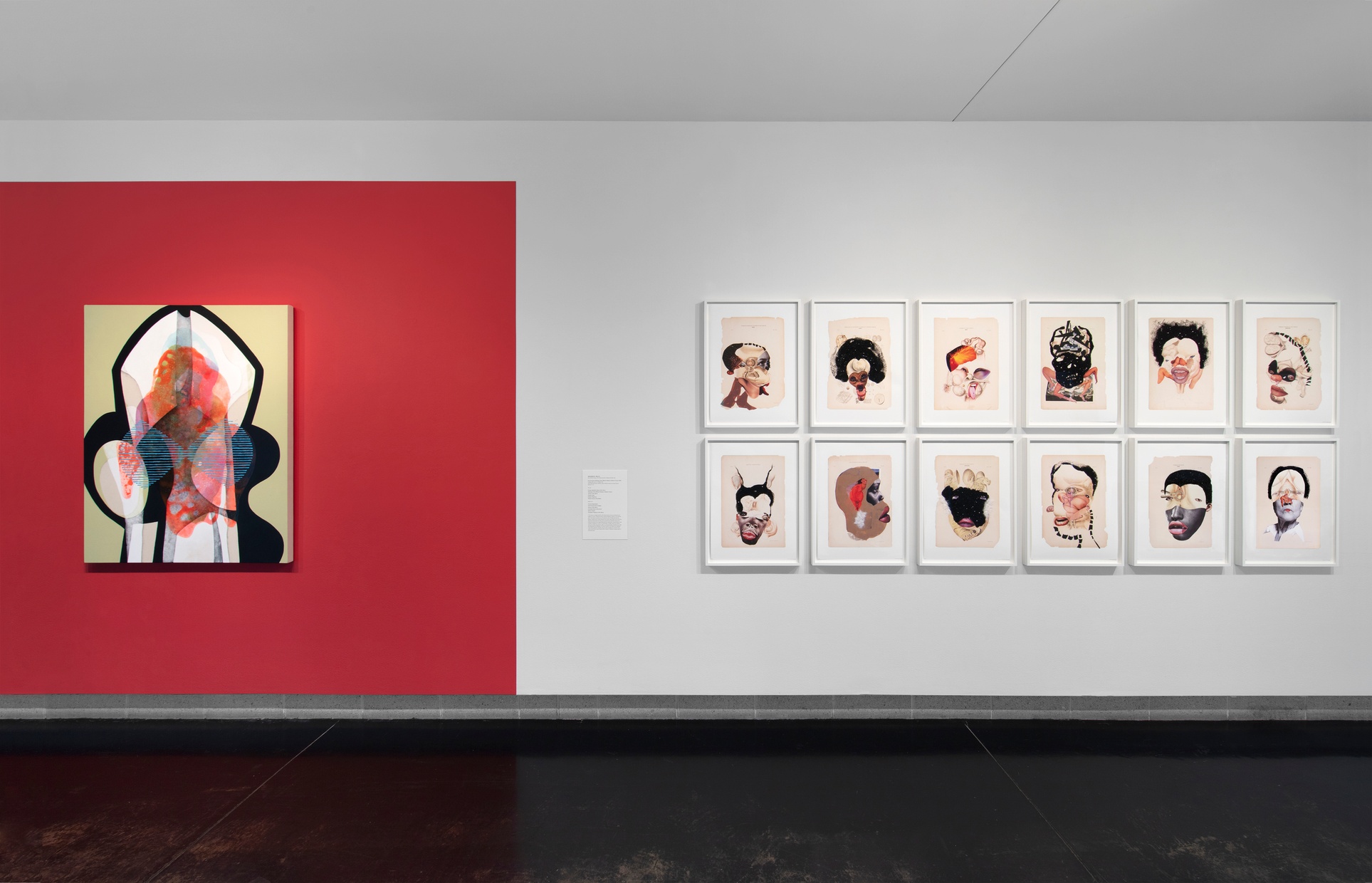 on the right, a white gallery wall with twelve framed collages by Wangechi Mutu hung neatly in two rows. On the left, a portion of the wall is painted red where a bright, abstract painting by Carrie Moyer hangs