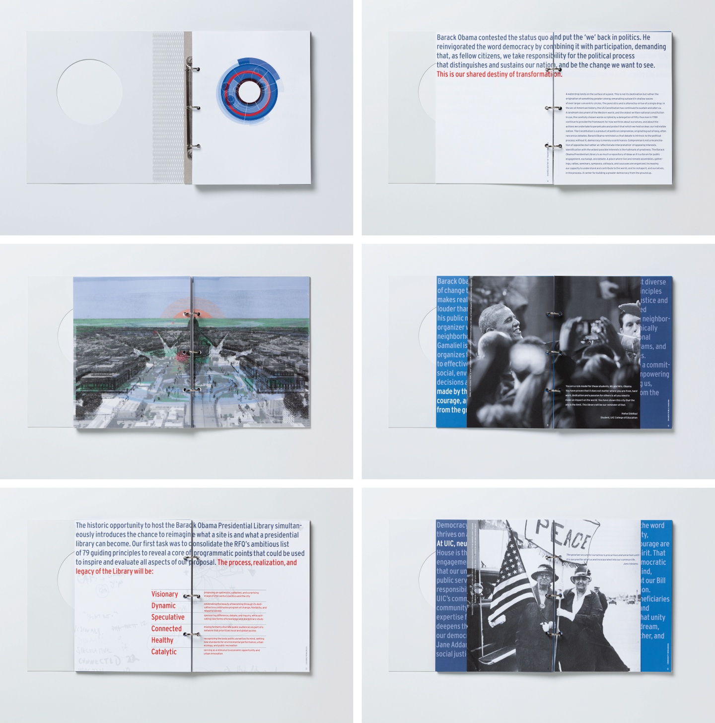 Six images of a book, one of the inside cover and the others of spreads. Spreads depict various text and photography, some of which is black and white. The colors red, blue, white, and black are prominent throughout.