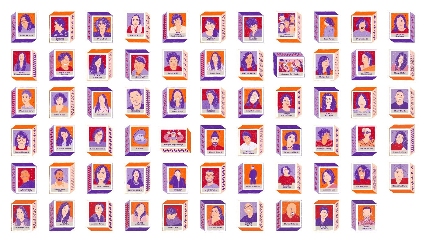 Six rows featuring 65 small, illustrated portraits of people in purple, red, orange, and beige tones.