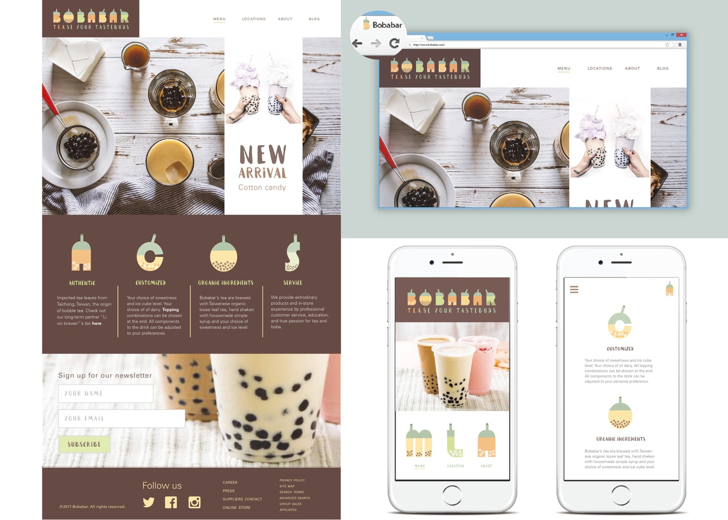 Branding package including web and mobile layouts for Bobabar. Mix of photo images and brown and pastel color palette of text, and logo, and icons.