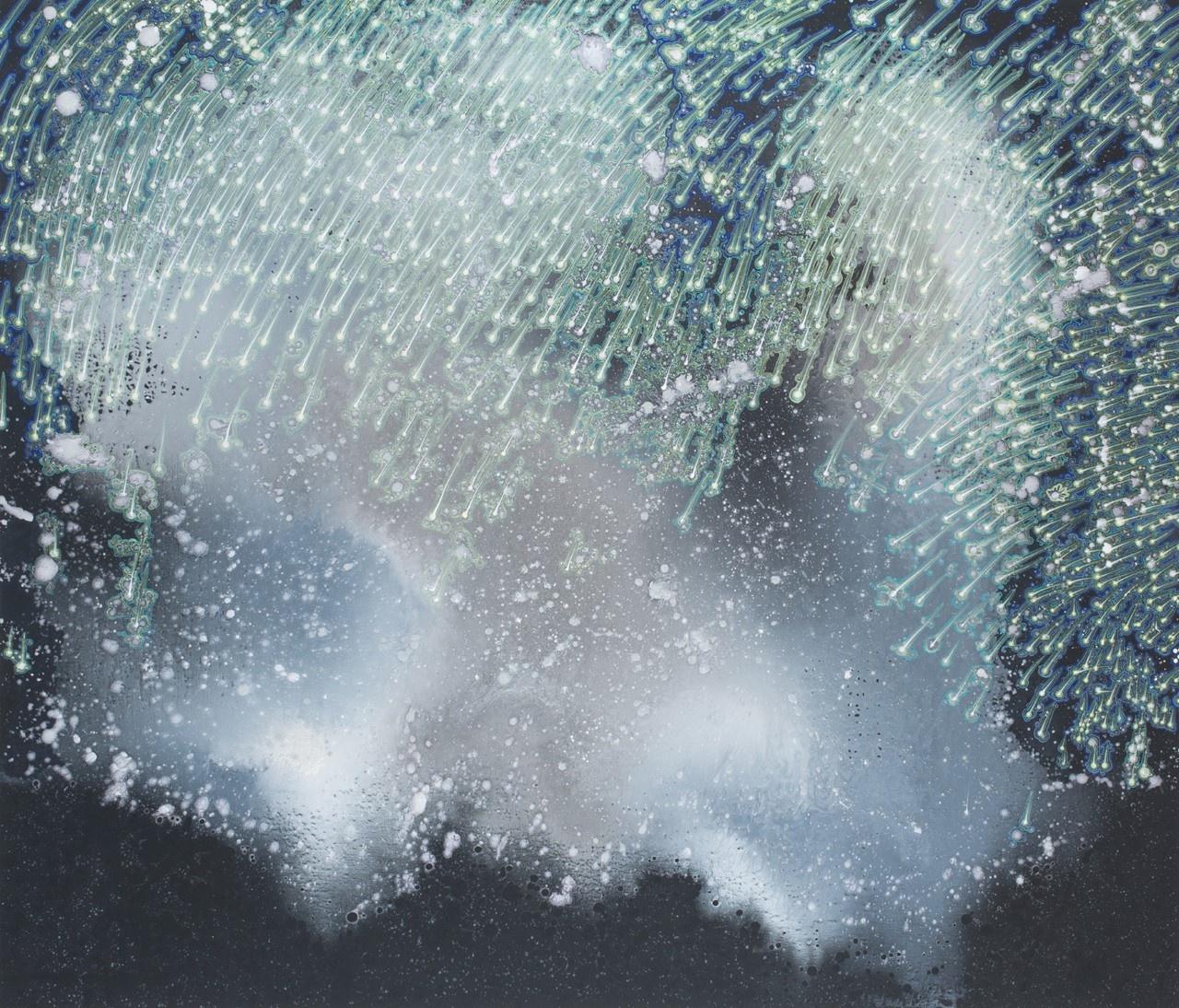 A cascade of green and white flights, like shooting stars, falls from the top of the image towards a white-speckled mist on a black background.