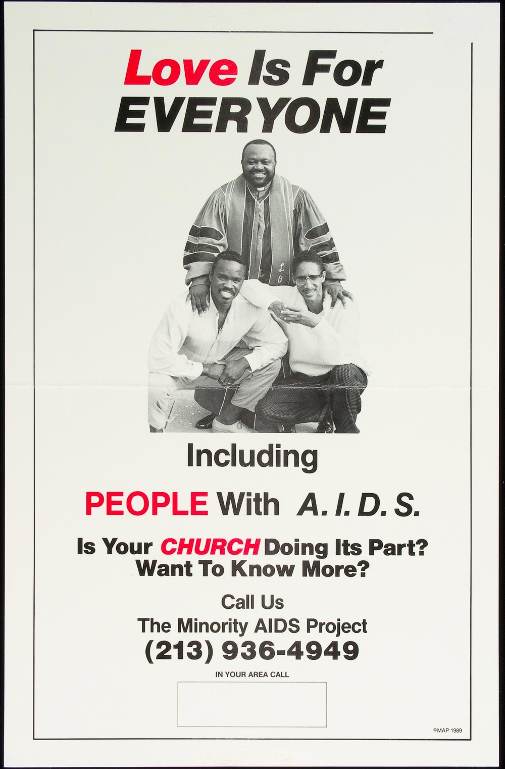 A poster that says "Love is for EVERYONE" with a Black man in a clergy robe smiling alongside two other Black men, below are informative texts about an AIDS project.