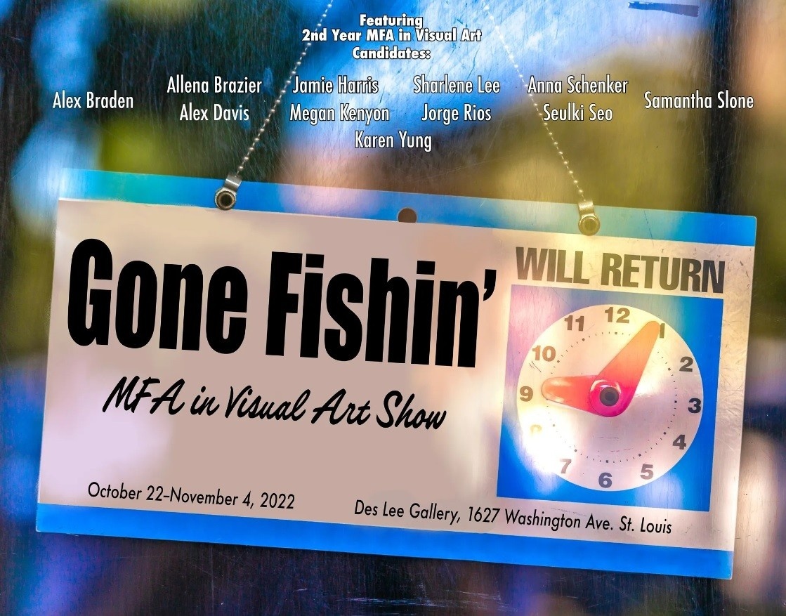 A storefront-style "will return" sign with the words Gone Fishin' in large bold letters. The top area has 11 artists names and the poster includes venue and time details
