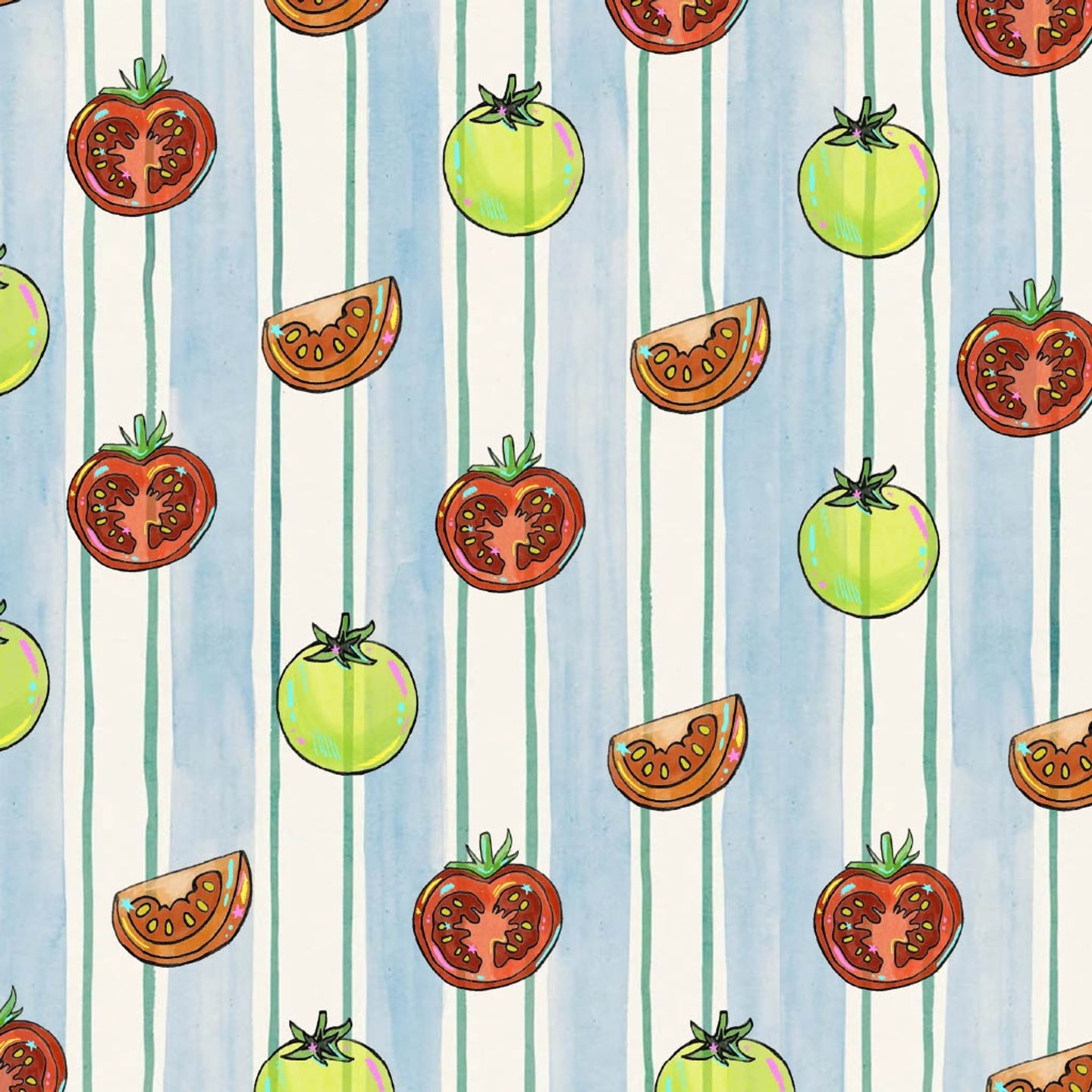 Illustrated pattern of tomatoes in various forms.